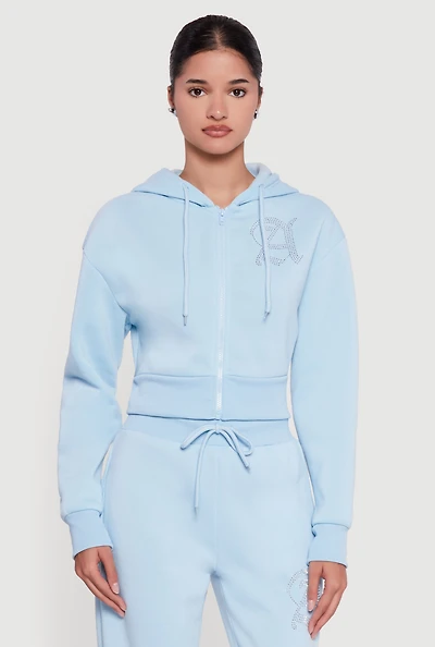 Womens Angel Rhinestone Zip Front Cropped Hoodie,