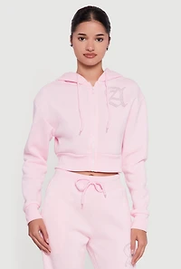 Angel Rhinestone Zip Front Cropped Hoodie