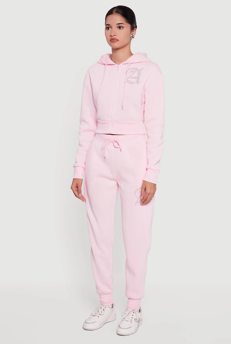 Angel Rhinestone Zip Front Cropped Hoodie