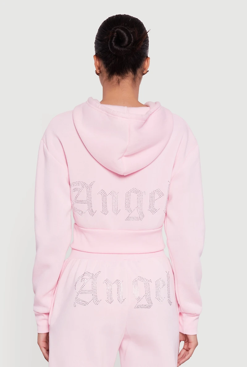 Angel Rhinestone Zip Front Cropped Hoodie