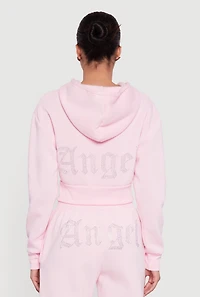 Angel Rhinestone Zip Front Cropped Hoodie