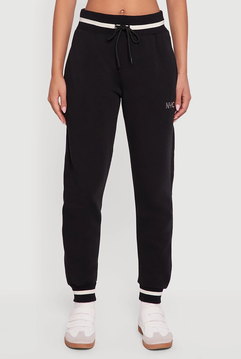 Womens Contrast Trim High Waisted NYC Graphic Joggers,