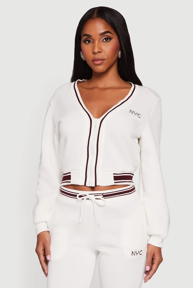 Womens NYC V-Neck Zip Front Cropped Sweatshirt, White, Size L