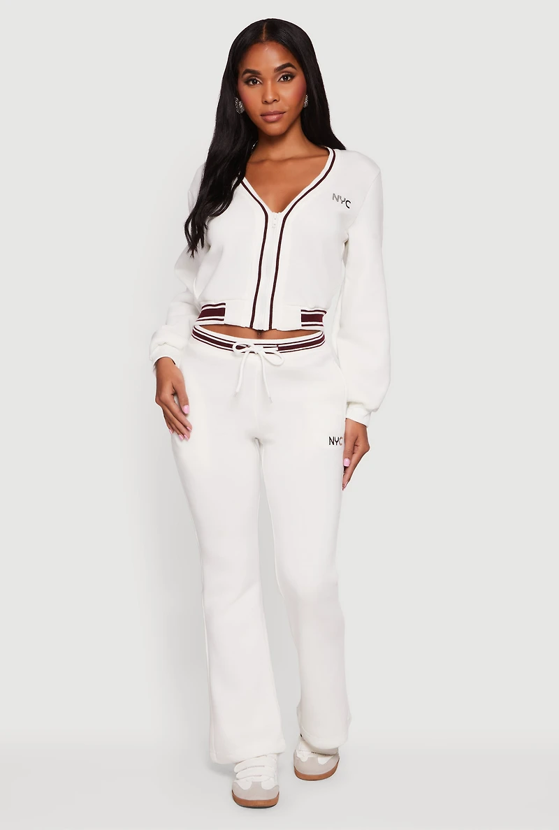 Womens NYC V-Neck Zip Front Cropped Sweatshirt, White, Size L