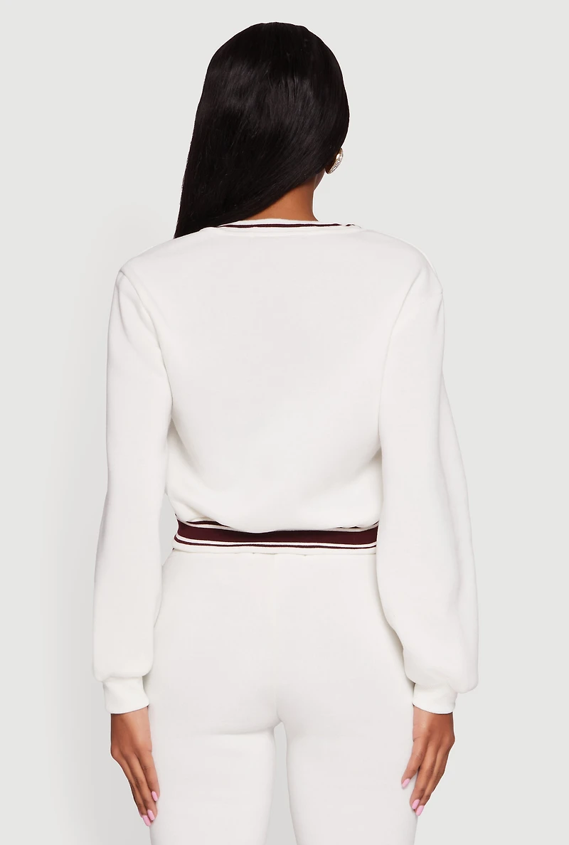 Womens NYC V-Neck Zip Front Cropped Sweatshirt, White, Size L