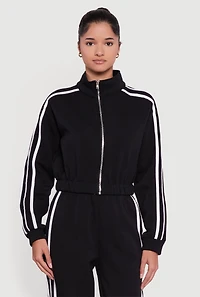 Contrast Trim Zip Front Mock Neck Sweatshirt