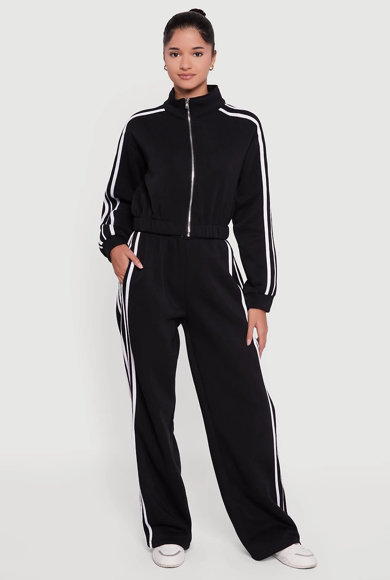 Contrast Trim Zip Front Mock Neck Sweatshirt