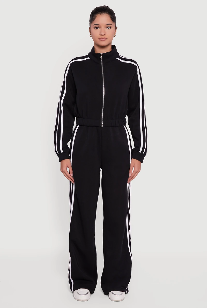 Contrast Trim Zip Front Mock Neck Sweatshirt