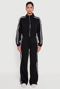 Contrast Trim Zip Front Mock Neck Sweatshirt