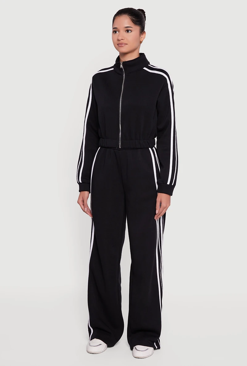 Contrast Trim Zip Front Mock Neck Sweatshirt