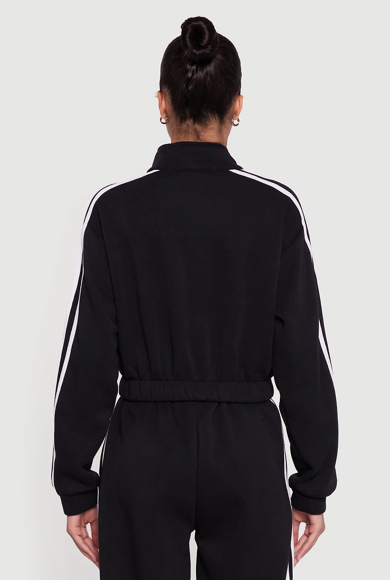 Contrast Trim Zip Front Mock Neck Sweatshirt