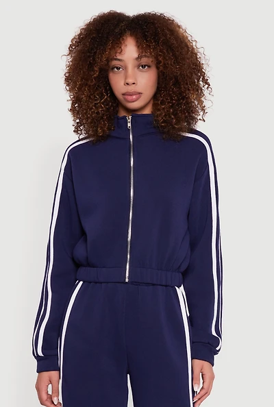 Womens Contrast Trim Zip Front Mock Neck Sweatshirt,