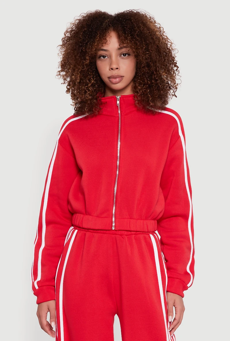 Womens Contrast Trim Zip Front Mock Neck Sweatshirt, Red,