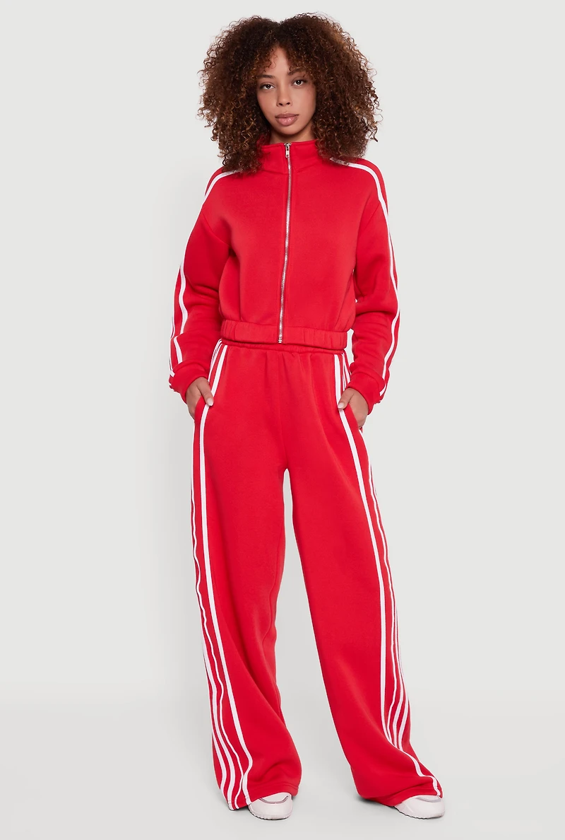 Womens Contrast Trim Zip Front Mock Neck Sweatshirt, Red,