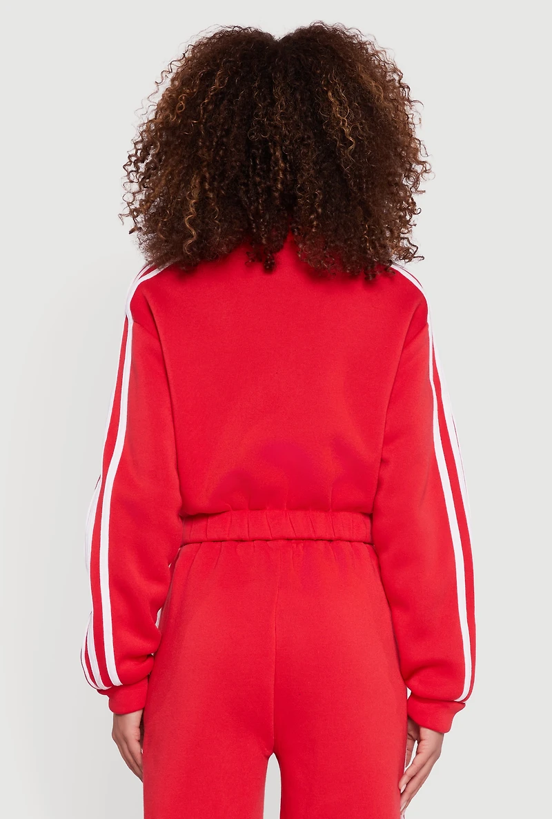 Womens Contrast Trim Zip Front Mock Neck Sweatshirt, Red,