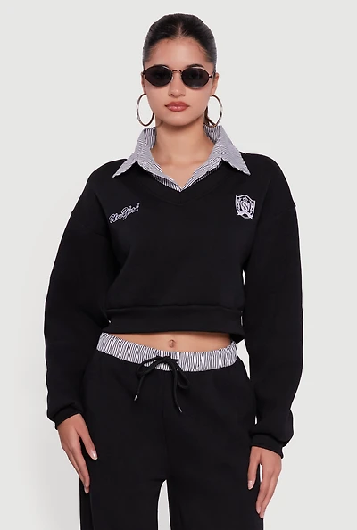 Womens New York Embroidered Cropped Layered Look Sweatshirt,