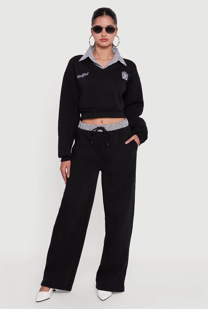 Womens New York Embroidered Cropped Layered Look Sweatshirt, Black, Size L