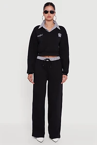 Womens New York Embroidered Cropped Layered Look Sweatshirt, Black, Size L