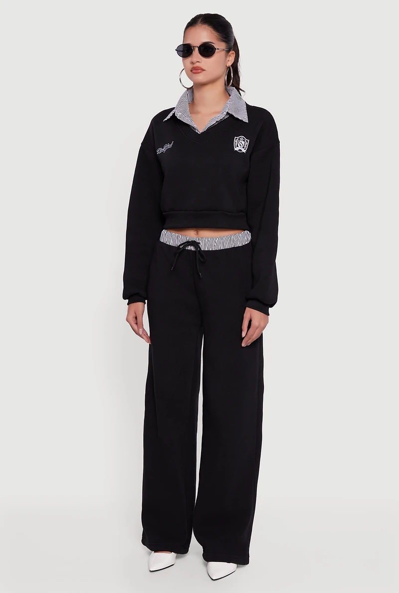 Womens New York Embroidered Cropped Layered Look Sweatshirt, Black, Size L