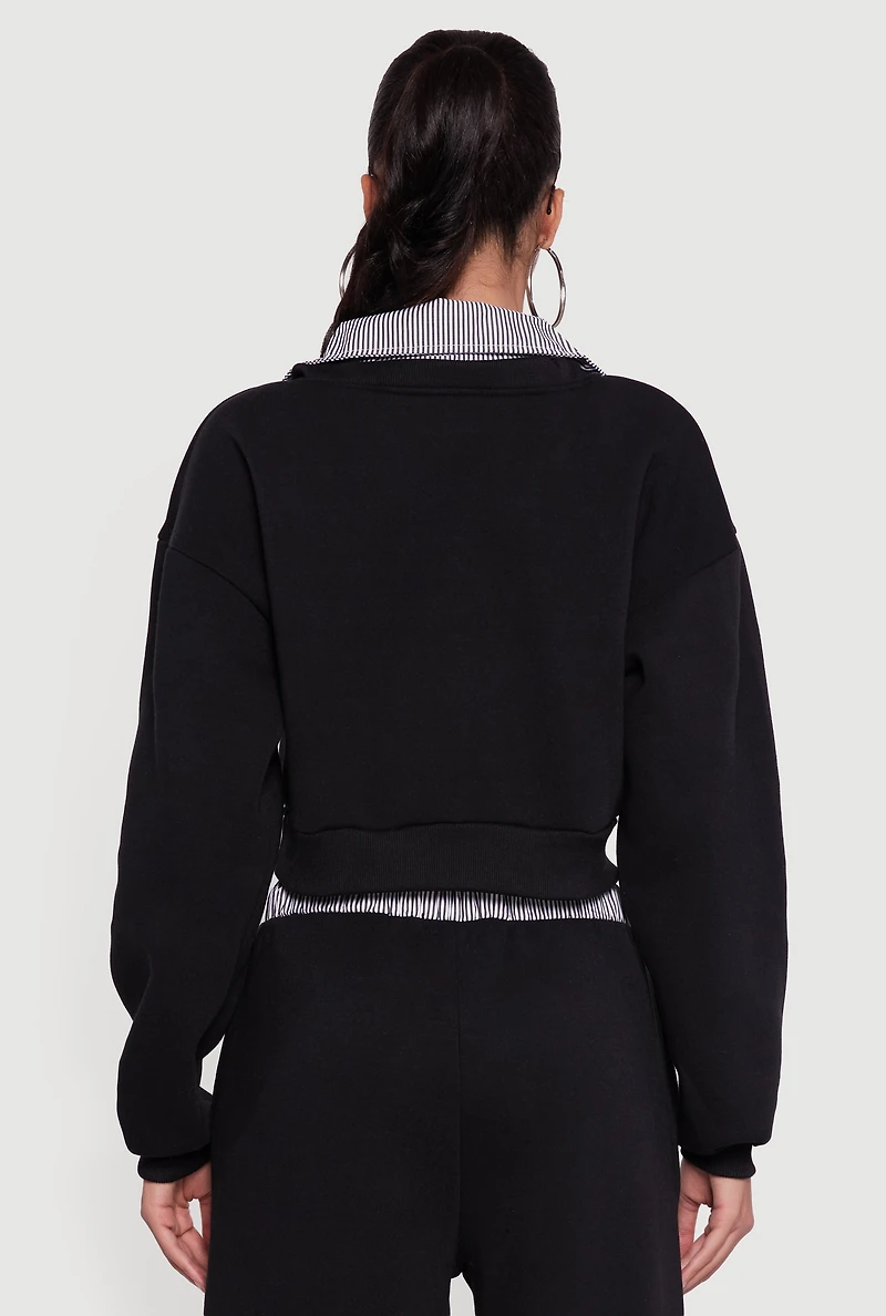 Womens New York Embroidered Cropped Layered Look Sweatshirt, Black, Size L