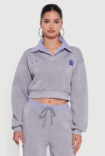 New York Embroidered Cropped Layered Look Sweatshirt