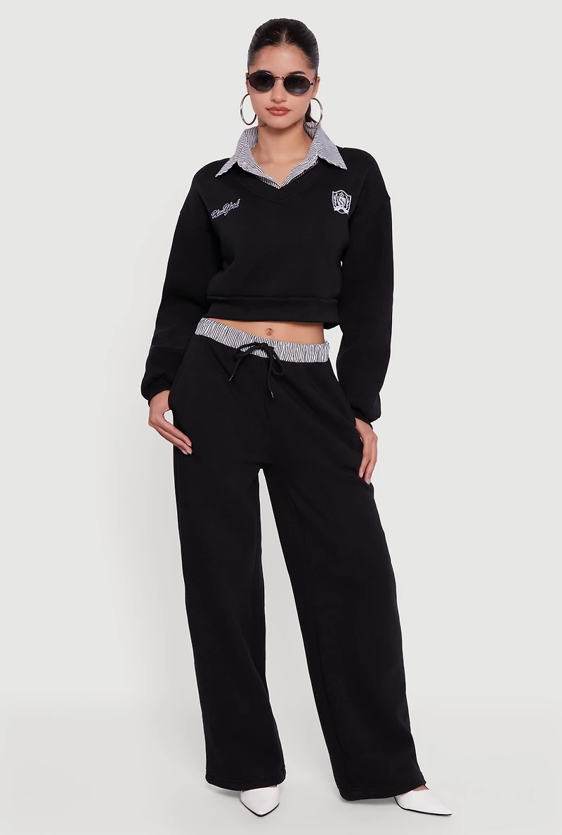 Womens High Waisted Fleece Pants with Striped Waistband,