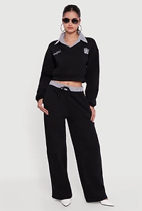 Womens High Waisted Fleece Pants with Striped Waistband,