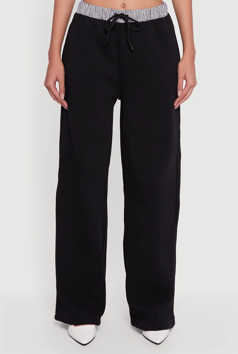 Womens High Waisted Fleece Pants with Striped Waistband,