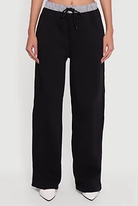 Womens High Waisted Fleece Pants with Striped Waistband,