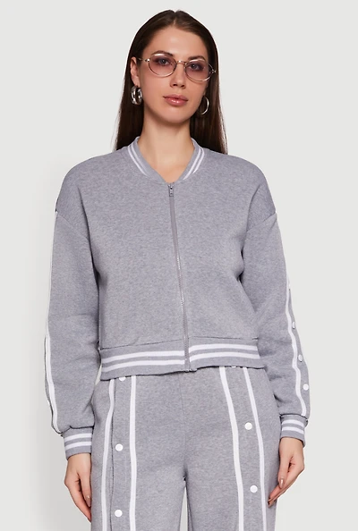 Womens Mandarin Collar Varsity Stripe Zip Front Sweatshirt,