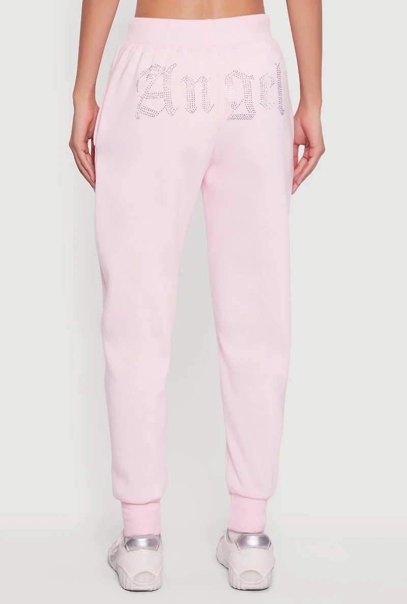 High Waisted Rhinestone Angel Graphic Joggers