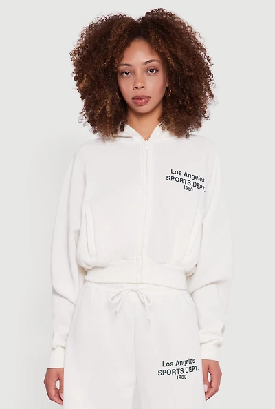 Womens Los Angeles Graphic Zip Front Hoodie, White, Size M