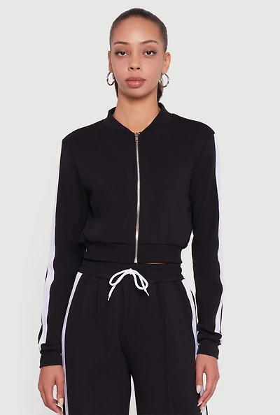 Womens Side Stripe Cropped Zip Front Track Jacket,