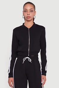 Womens Side Stripe Cropped Zip Front Track Jacket, Black, Size M