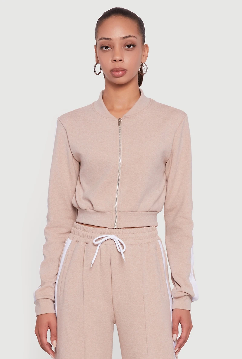 Womens Side Stripe Cropped Zip Front Track Jacket, Beige,
