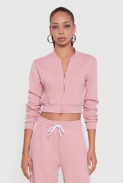 Womens Side Stripe Cropped Zip Front Track Jacket, Pink, Size S