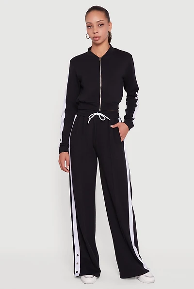Womens Snap Button Side Stripe Drawstring Waist Track Pants,