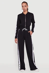 Womens Snap Button Side Stripe Drawstring Waist Track Pants,