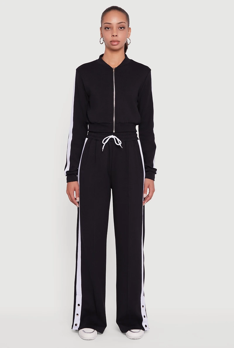 Womens Snap Button Side Stripe Drawstring Waist Track Pants,