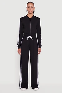 Womens Snap Button Side Stripe Drawstring Waist Track Pants,