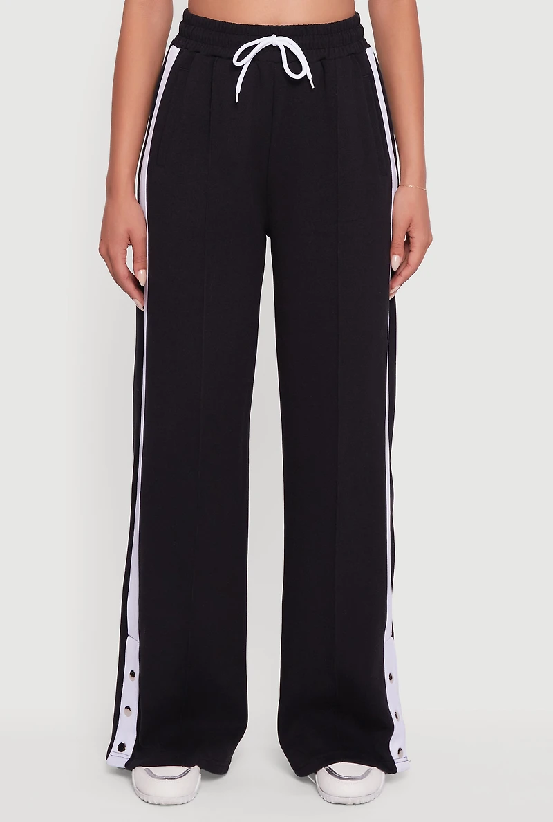 Womens Snap Button Side Stripe Drawstring Waist Track Pants,
