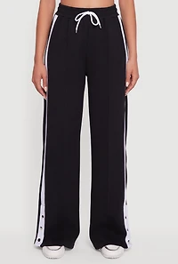 Womens Snap Button Side Stripe Drawstring Waist Track Pants,