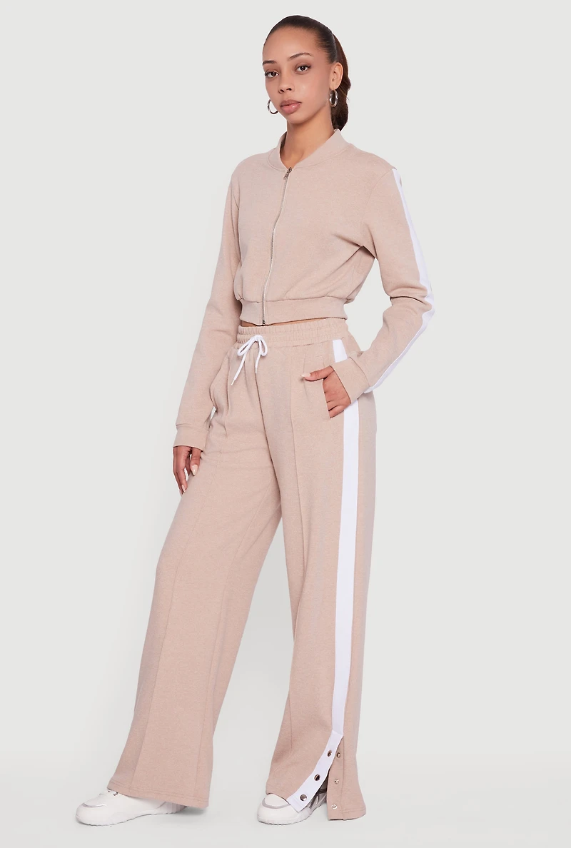 Snap Button Side Stripe Drawstring Waist Track Pants