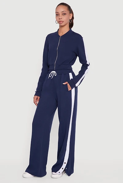 Womens Snap Button Side Stripe Drawstring Waist Track Pants,