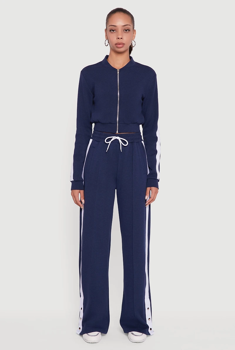 Womens Snap Button Side Stripe Drawstring Waist Track Pants,