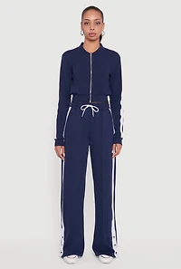 Womens Snap Button Side Stripe Drawstring Waist Track Pants,