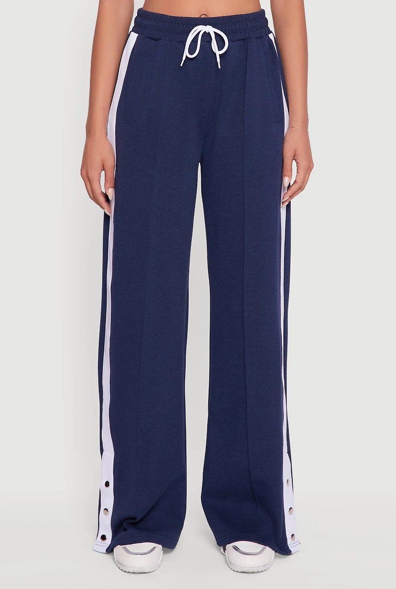 Womens Snap Button Side Stripe Drawstring Waist Track Pants,
