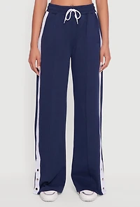 Womens Snap Button Side Stripe Drawstring Waist Track Pants,