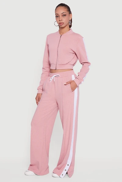 Womens Snap Button Side Stripe Drawstring Waist Track Pants, Pink, Size L