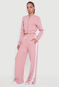 Womens Snap Button Side Stripe Drawstring Waist Track Pants, Pink, Size L